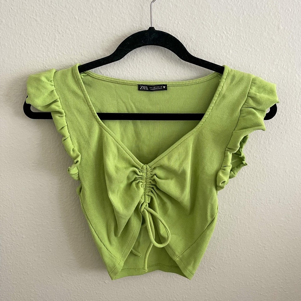 Zara Ruffle Sleeve Green Top Size Large